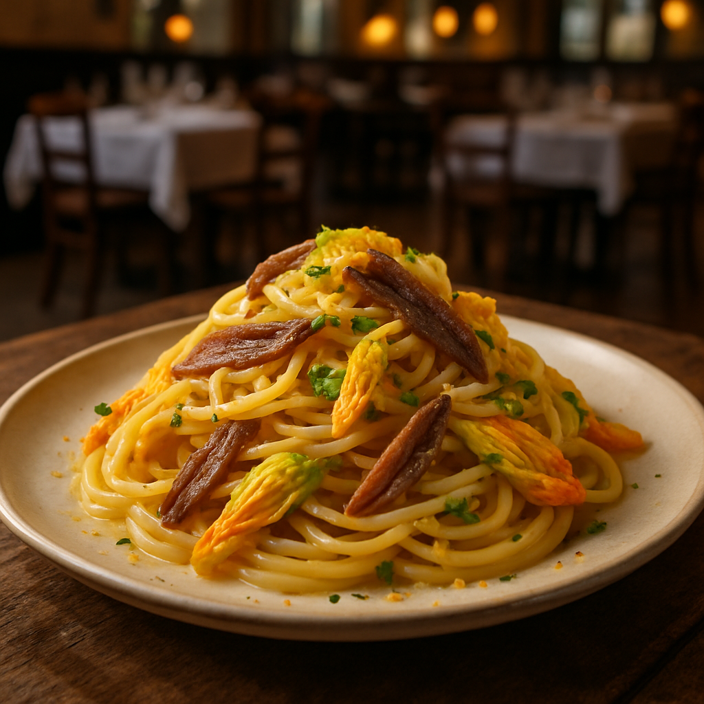 Plate of pasta with zucchini flowers and anchovies, garnished with lemon zest.