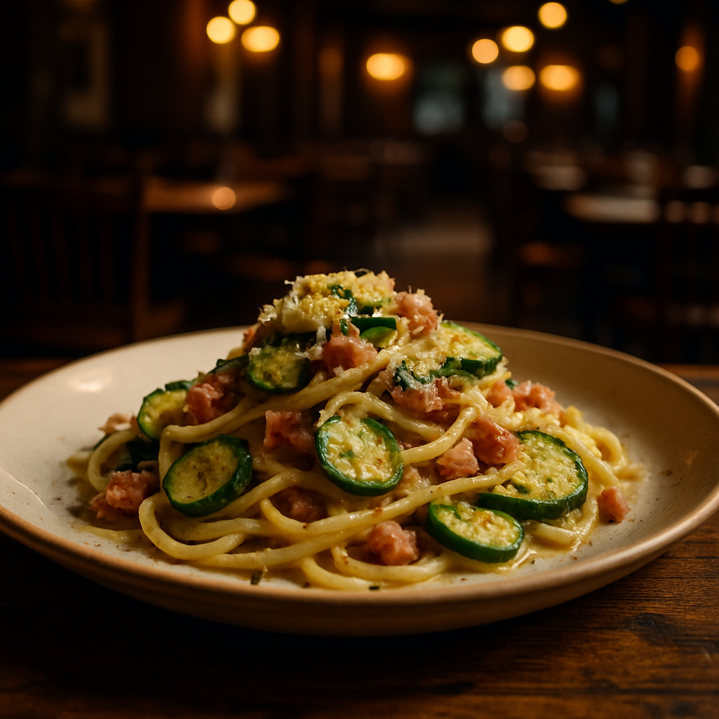 A plate of pasta with zucchini, pancetta, and pecorino cheese.
