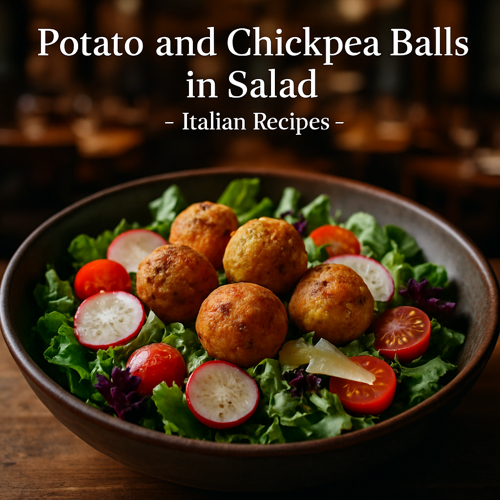 Colorful salad with potato and chickpea balls, radishes, cherry tomatoes, and Grana Padano.