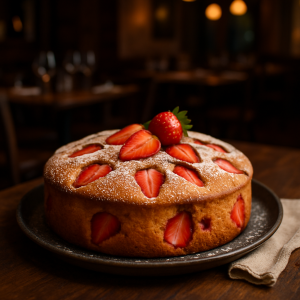 A freshly baked Torta 5 Minuti alle Fragole with strawberries on top.