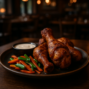 Ranch chicken drumsticks served with sautéed carrots and scallions.