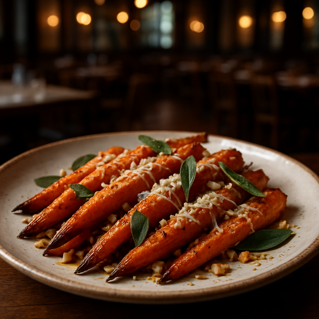 A plate of roasted carrots with herbs and Parmesan cheese.
