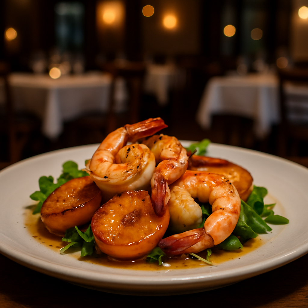A gourmet plate of sautéed shrimp with caramelized apricots.