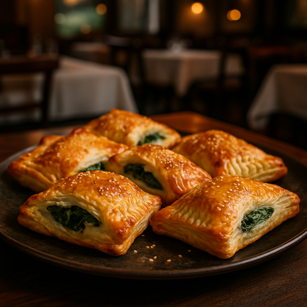 Golden brown Swiss chard pastries arranged on a serving platter.