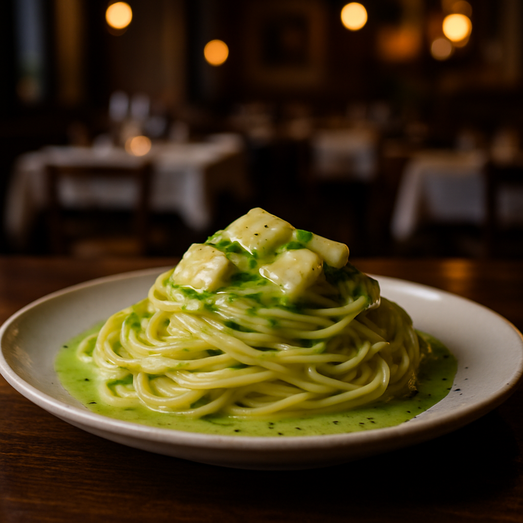 Plate of spaghetti with spring onion cream and taleggio cheese.