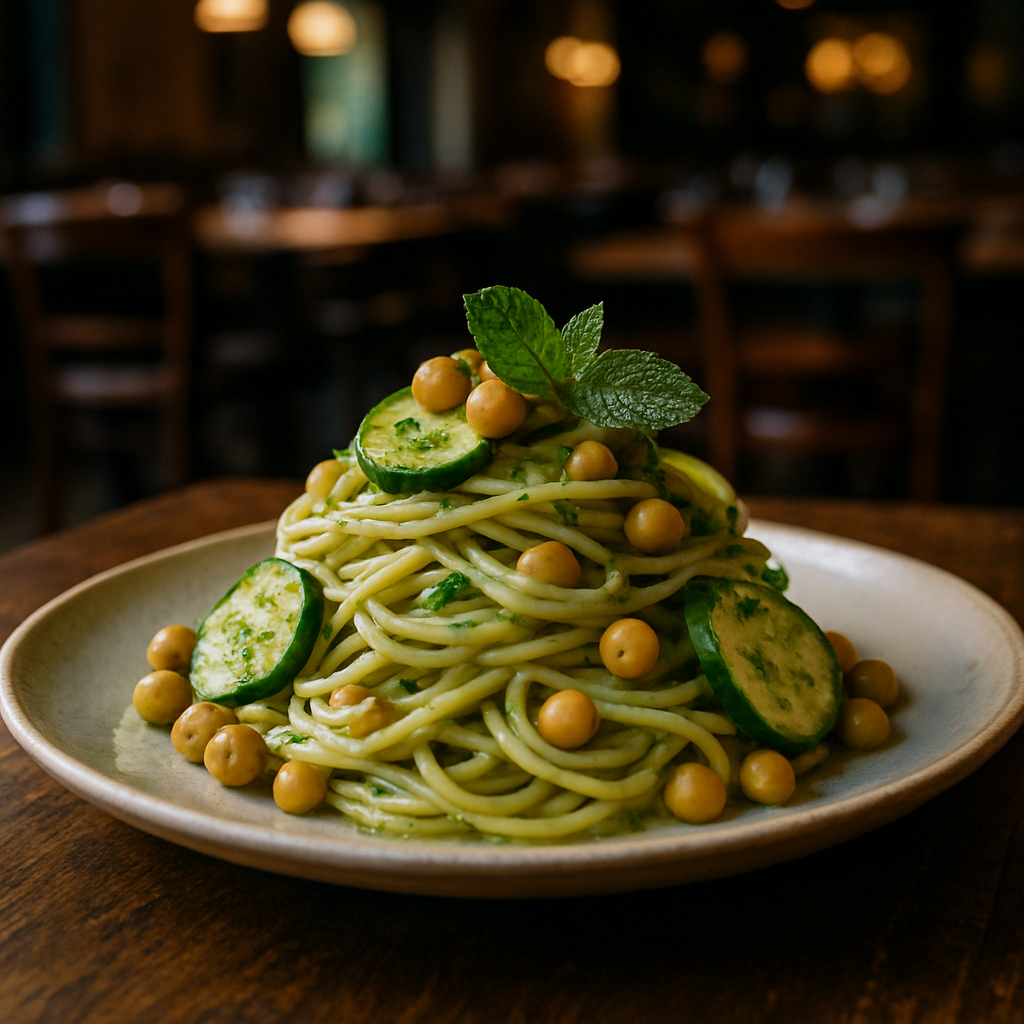 A plate of spaghetti with zucchini, chickpeas, and mint.