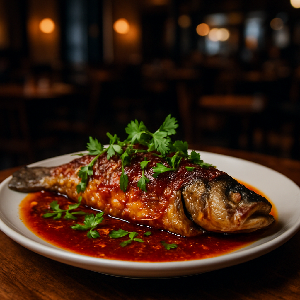 A plate of spicy and tangy sea bass garnished with fresh herbs.