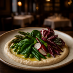 A vibrant dish of spring vegetables on a creamy bean puree.