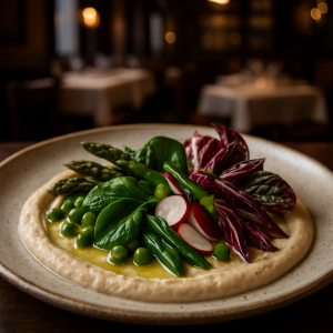 A vibrant dish of spring vegetables on a creamy bean puree.