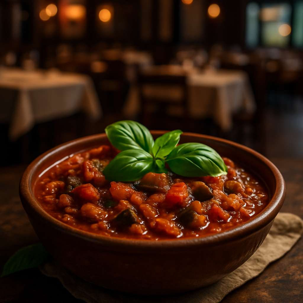 A bowl of Italian eggplant sauce with basil and tomatoes.