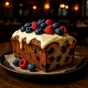 Vegan blueberry and raspberry plumcake with white chocolate ganache.