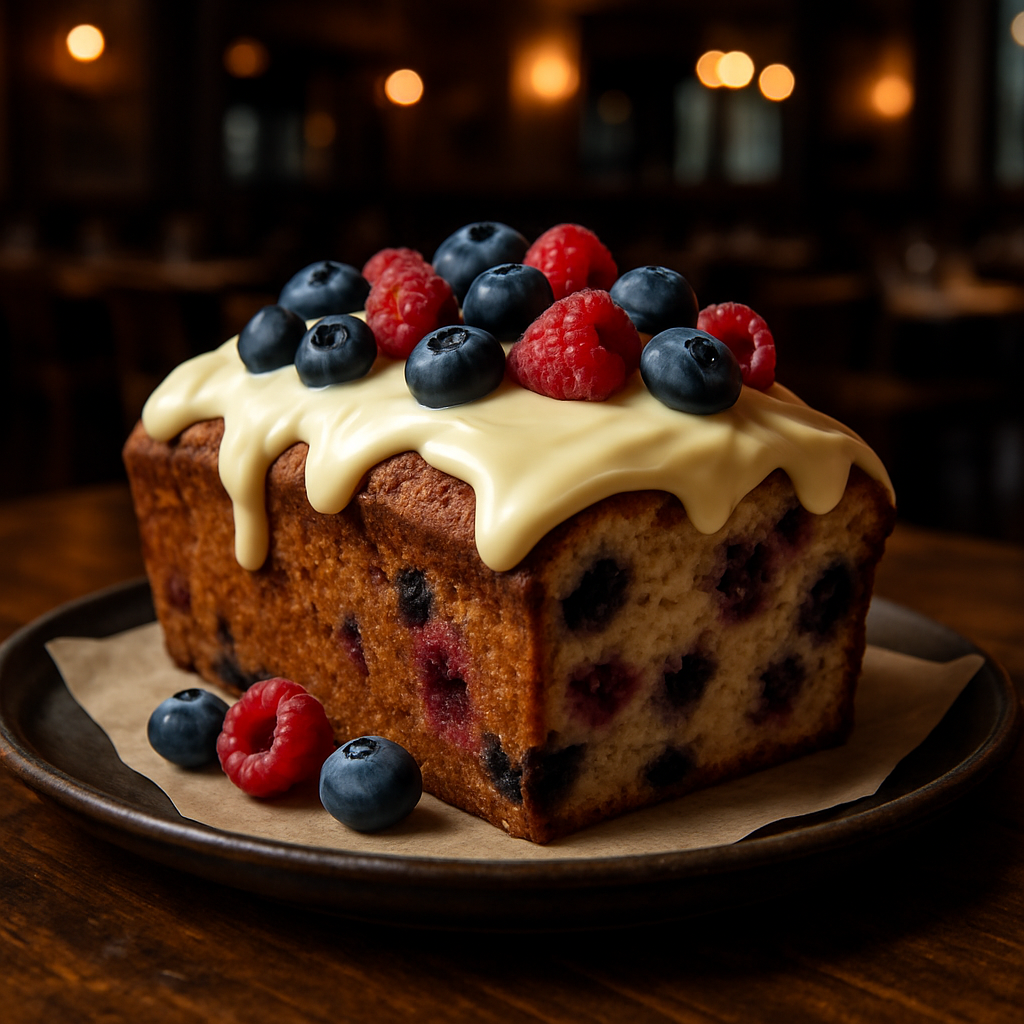 Vegan blueberry and raspberry plumcake with white chocolate ganache.
