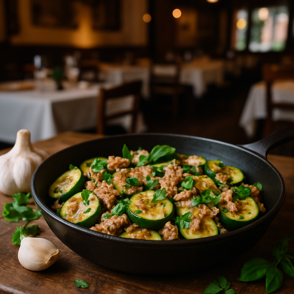 Zucchini and tuna skillet with fresh herbs and garlic.