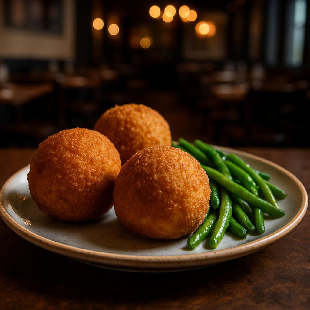 Golden brown Arancini with green beans on a plate.