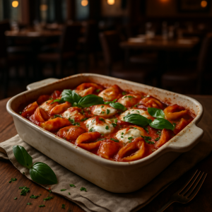 Baked Conchiglie with mozzarella and tomato sauce.