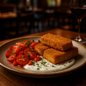 A plate of breaded tofu with fresh tomatoes and a creamy yogurt sauce.