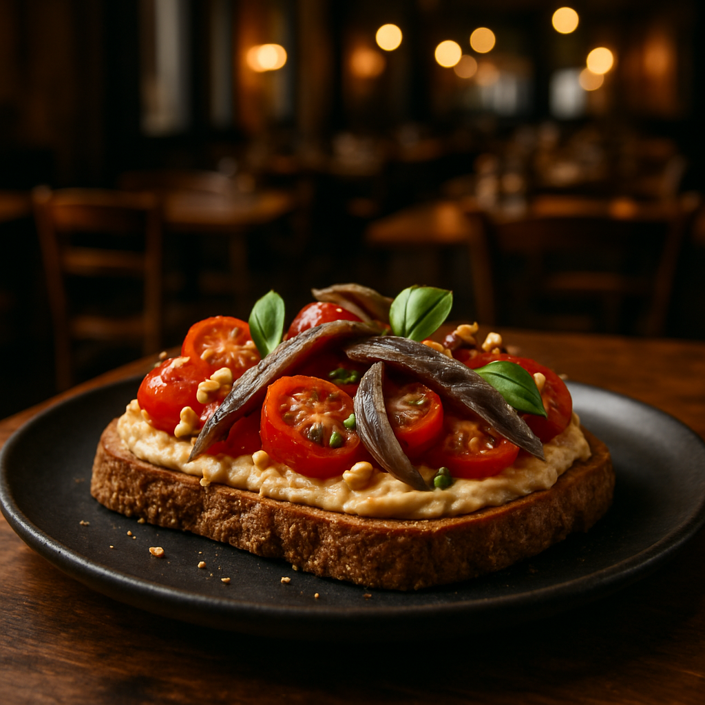 Bruschetta topped with cherry tomatoes, hummus, and anchovies.