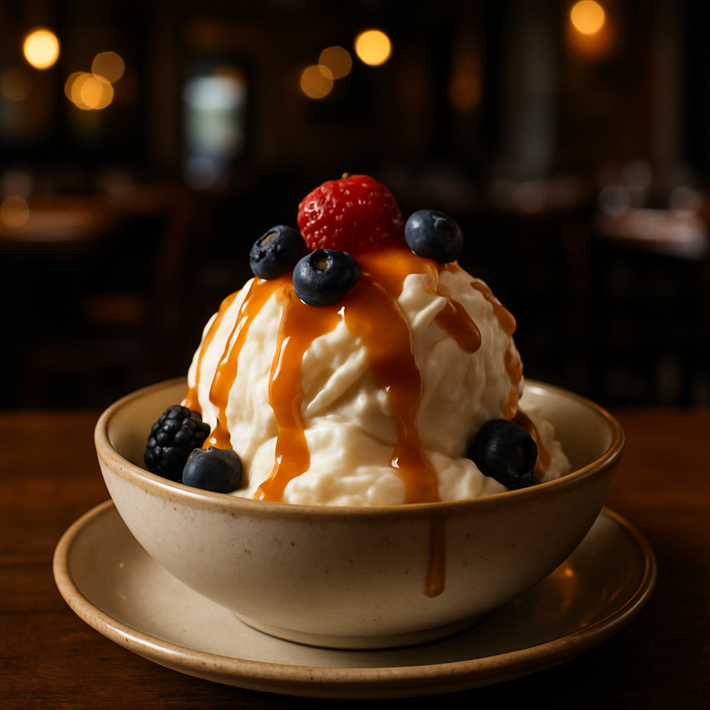 A bowl of homemade yogurt gelato with berries and caramel drizzle.