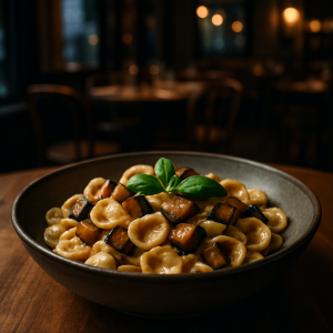 A bowl of creamy miso and eggplant orecchiette, showcasing Italian and Asian fusion cuisine.