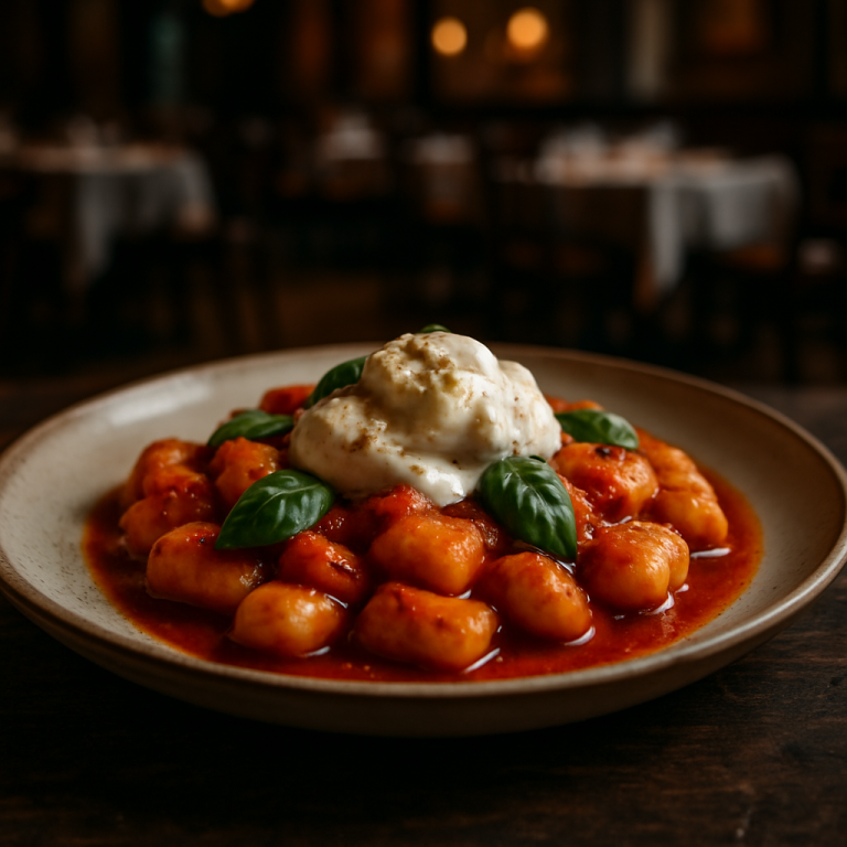 Homemade gnocchi with tomato sauce and burrata on a plate.