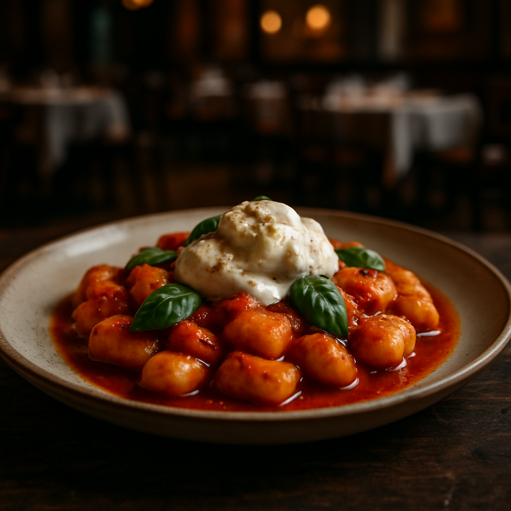 Homemade gnocchi with tomato sauce and burrata on a plate.