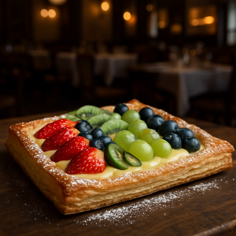 Colorful Italian fruit puff pastry with fresh fruit and custard.