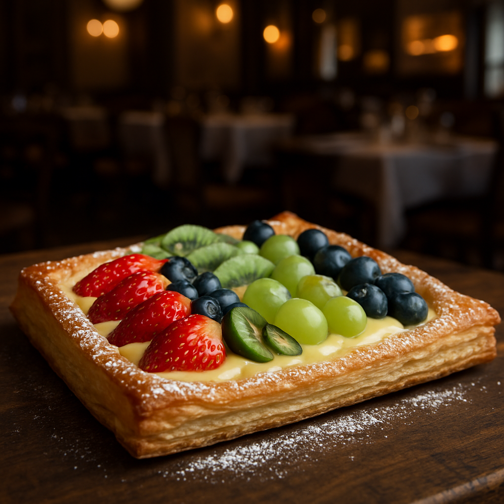 Colorful Italian fruit puff pastry with fresh fruit and custard.