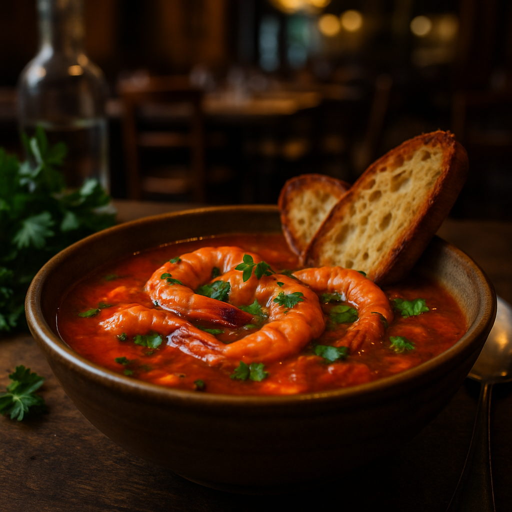 A bowl of Italian shrimp soup with fresh herbs and toasted bread.