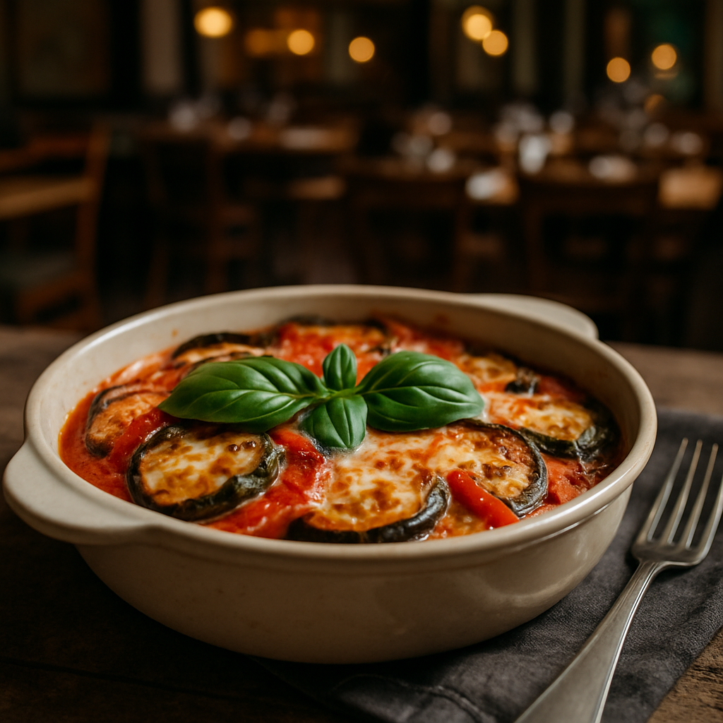 A colorful dish of Vegetable Parmigiana with layers of grilled vegetables and melted cheese.