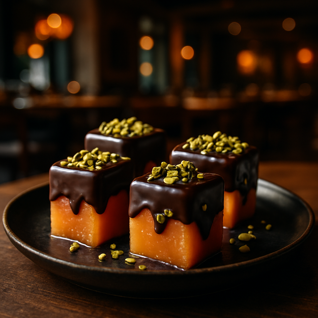 A refreshing Italian dessert, Gelo di Melone al Cioccolato, garnished with pistachios.