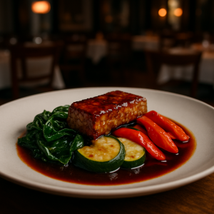 Plate of glazed tempeh with vibrant vegetables and bordelaise sauce.