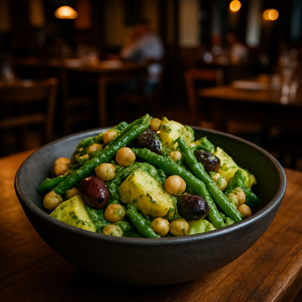 A vibrant bowl of Insalata alla Ligure with potatoes, green beans, and vegan pesto.