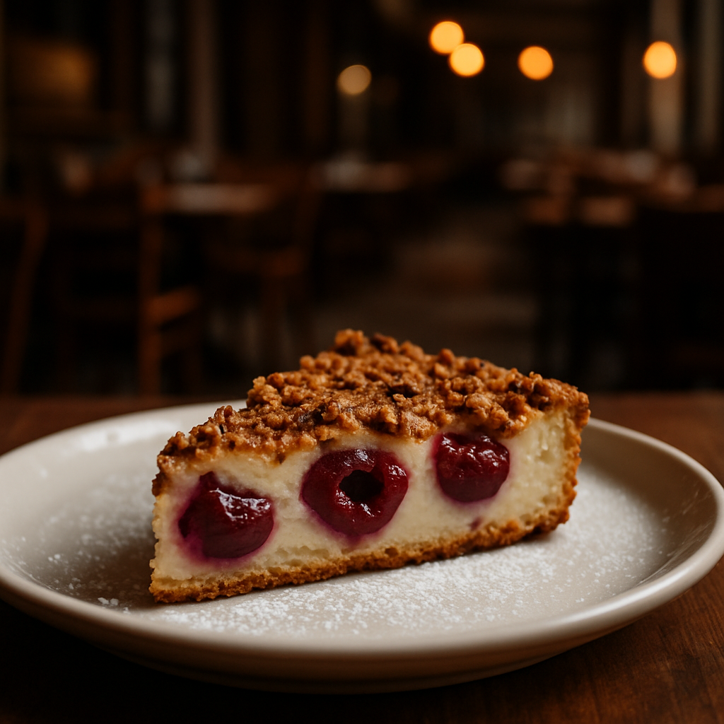 A slice of lactose-free and gluten-free cherry clafoutis on a plate.