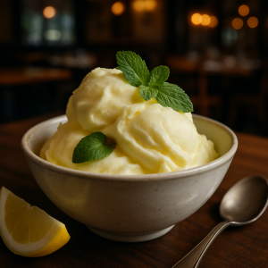 Refreshing lemon gelato served in a bowl with mint leaves.