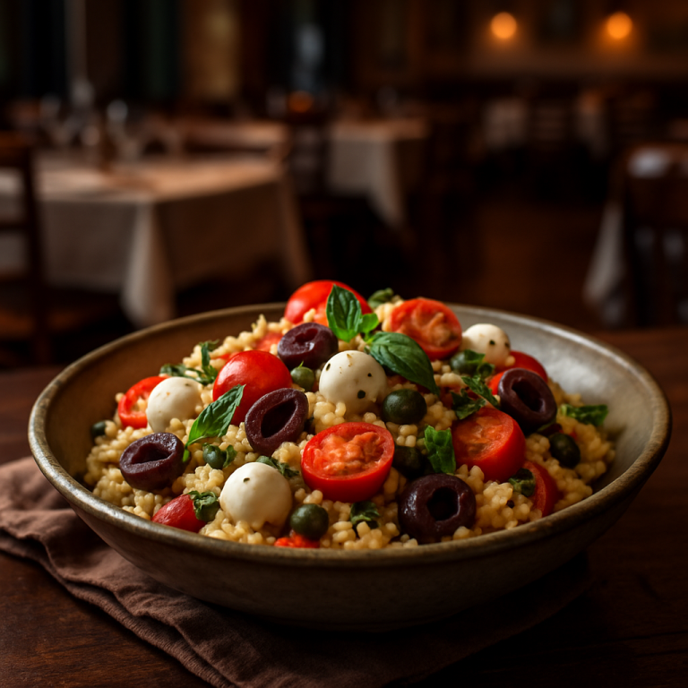 A colorful bowl of Mediterranean Couscous with tomatoes and olives.