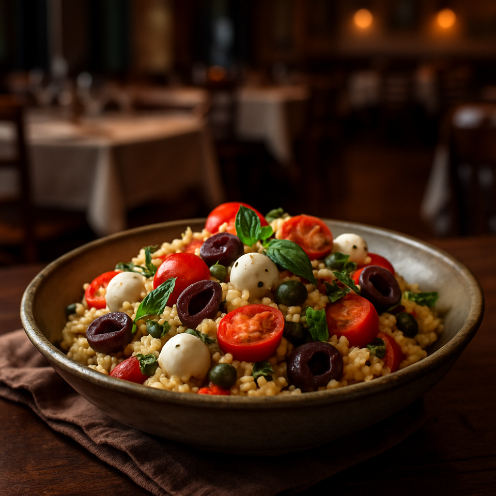 A colorful bowl of Mediterranean Couscous with tomatoes and olives.