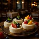 A display of no-bake mini cheesecakes topped with fruit and mint.