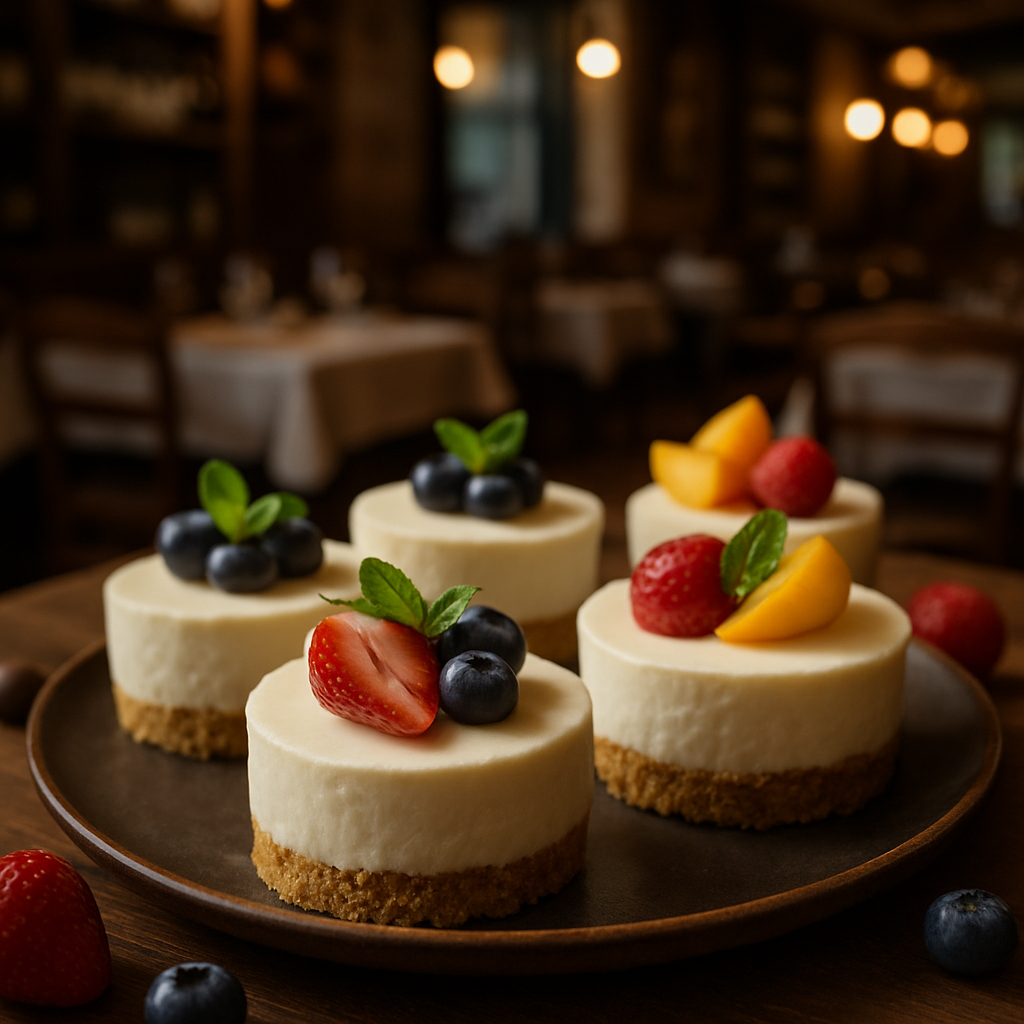 A display of no-bake mini cheesecakes topped with fruit and mint.