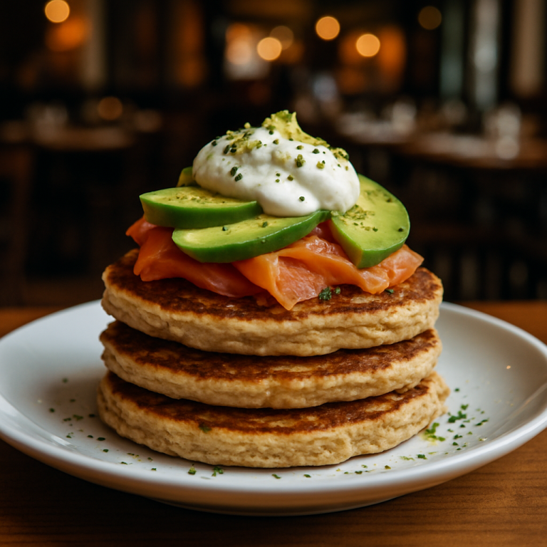 Oat pancakes with smoked salmon, avocado, and Greek yogurt.