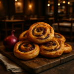 Golden-brown onion swirls, a rustic Italian appetizer.