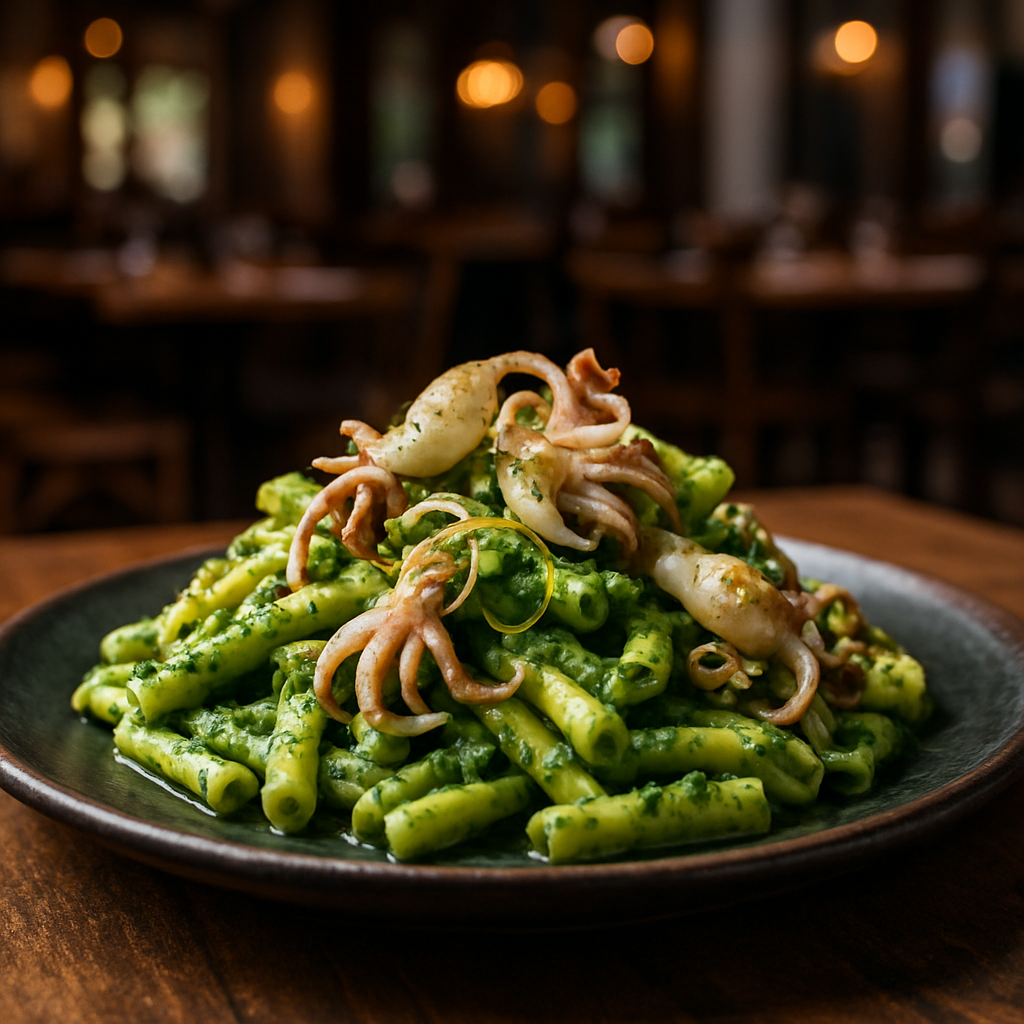 A plate of pasta with baby squid and spinach pesto, garnished with lemon zest.