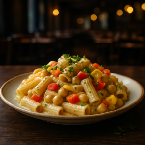 A vibrant dish of pasta with creamy chickpeas and colorful peppers.