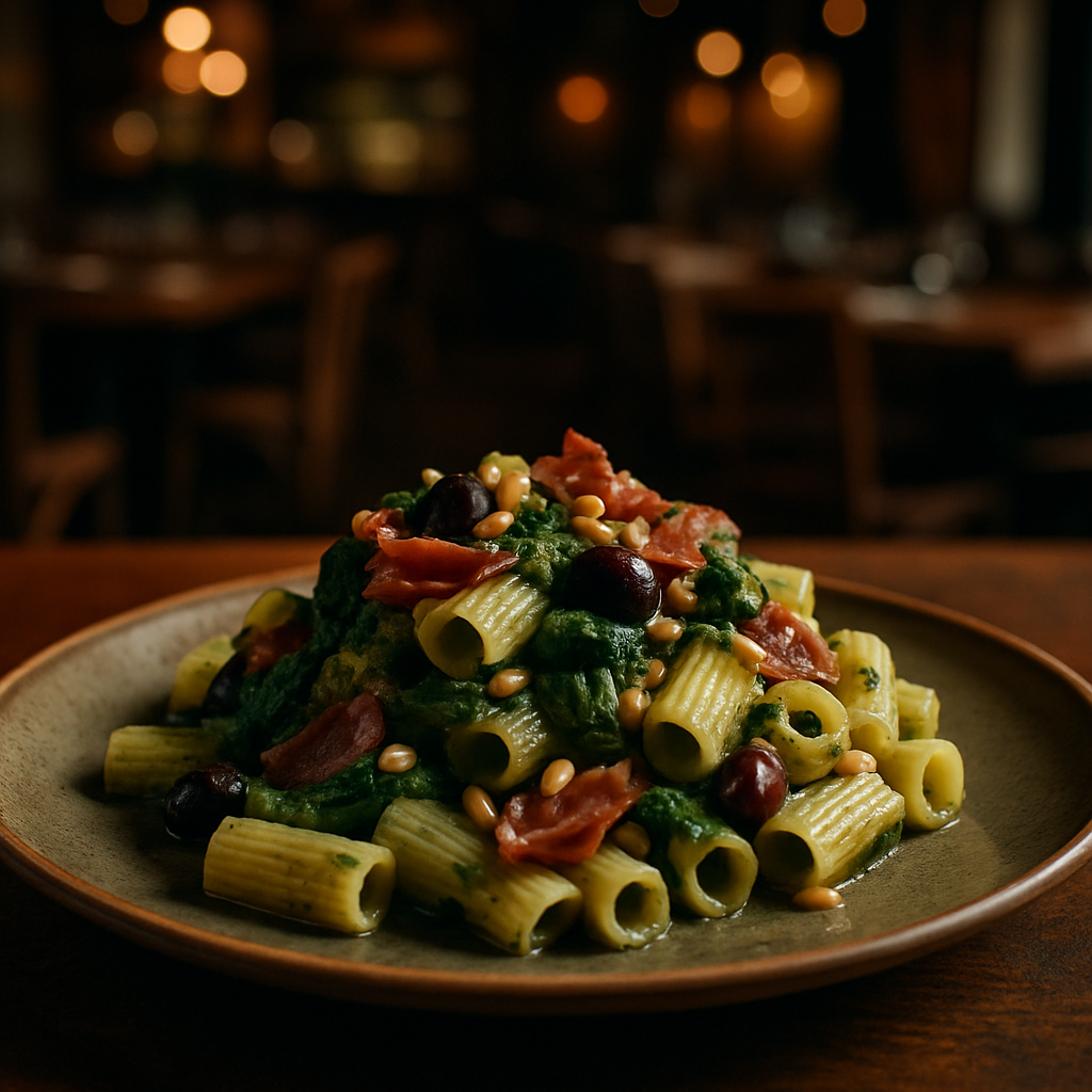 A delicious plate of pasta with chicory, speck, and olives garnished with pine nuts.
