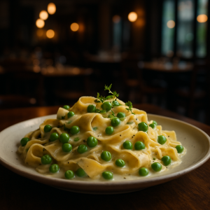 A plate of Pasta with Cream and Peas garnished with fresh thyme.