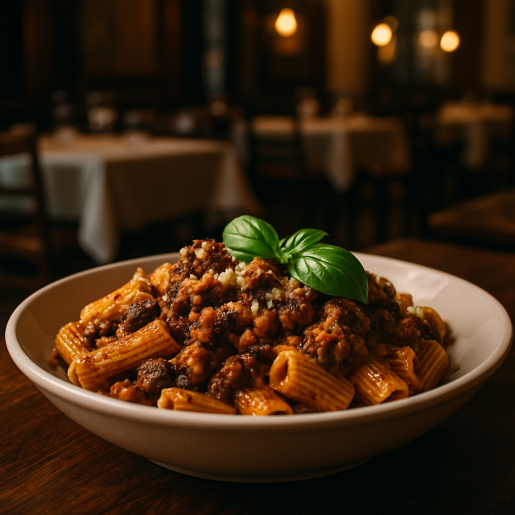 Pasta with eggplant ragù served in a white bowl.