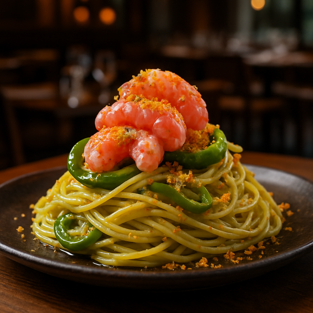 A dish of pasta with friggitelli peppers and raw shrimp.