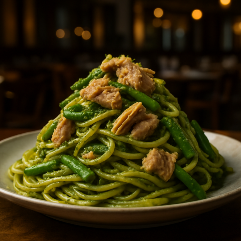 A vibrant plate of pasta with pesto, green beans, and tuna, garnished with lemon zest.