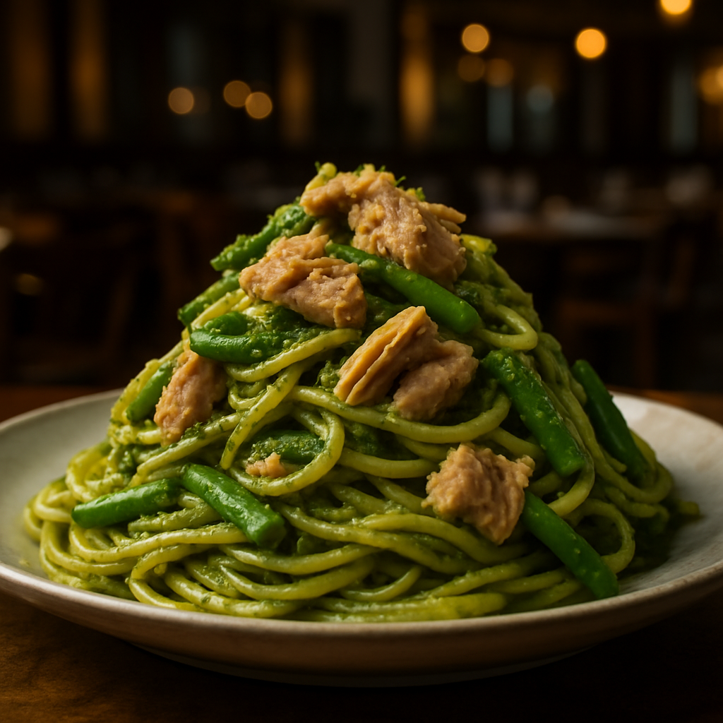 A vibrant plate of pasta with pesto, green beans, and tuna, garnished with lemon zest.
