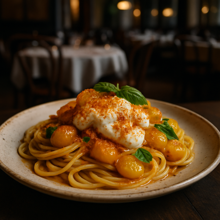 Pasta dish with yellow cherry tomatoes, creamy stracciatella, and grated bottarga.