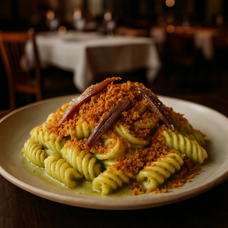 Plate of pasta with zucchini cream, anchovies, and breadcrumbs.
